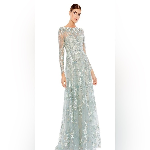 Mac Duggal Dresses & Skirts - Green Floral Embroidered Illusion Long Sleeve Gown
